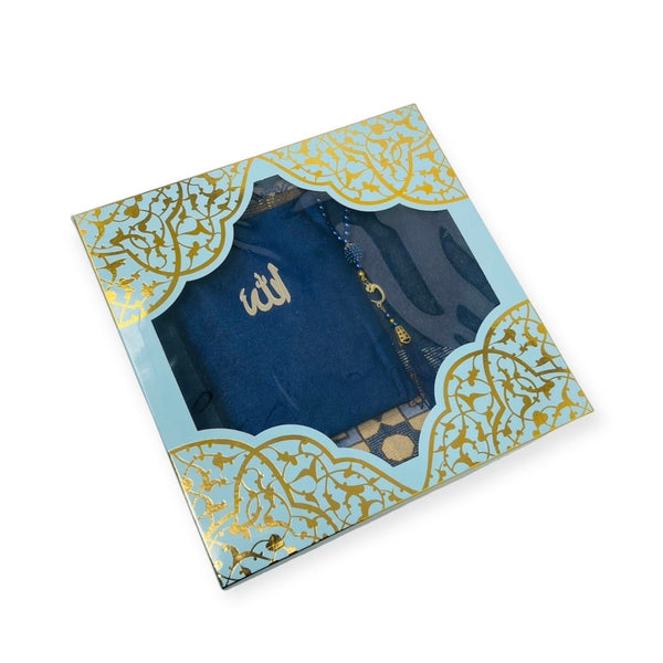 Islamic Gift set Prayer mat, Tasbeeh & Yaseen And Selected Surah Gift Box Blue