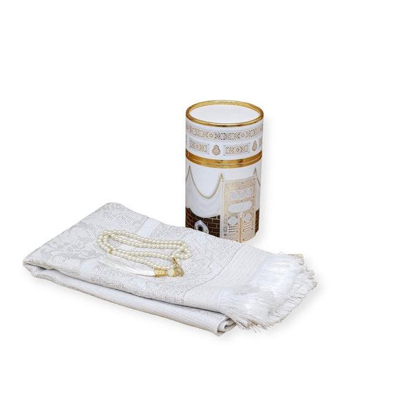 Cylinder Gift Box With Prayer mat, Tasbeeh white