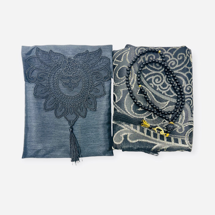 Lace Work Travel prayer mat With Tasbeeh Black-TheIslamicshop.com