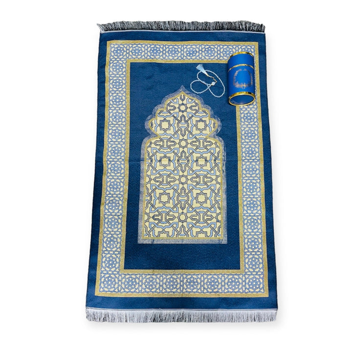 Cylinder Gift Box With Prayer mat, Tasbeeh Blue-theislamicshop.com