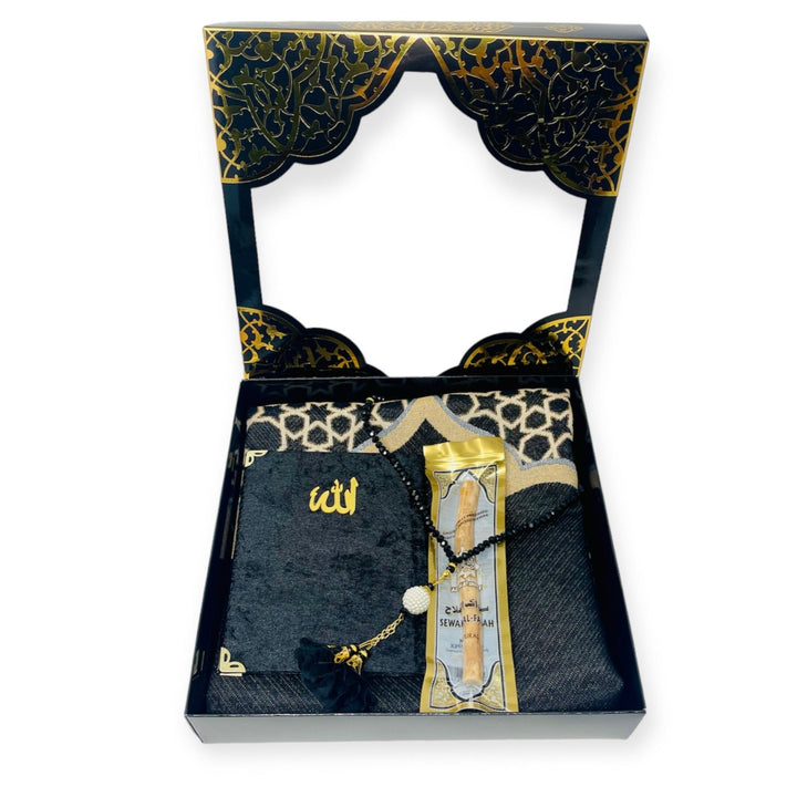 Islamic Gift set Prayer mat, Tasbeeh & Yaseen And Selected Surah Gift Box Black-theislamicshop.com