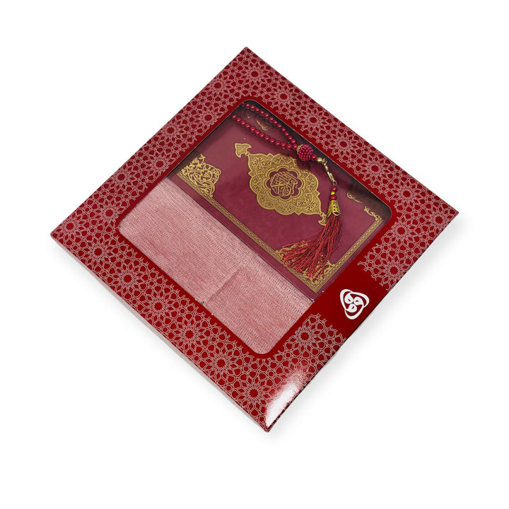 Prayer Rug Gift Box Set - With indo pak Quran & Prayer Beads Red-theislamicshop.com