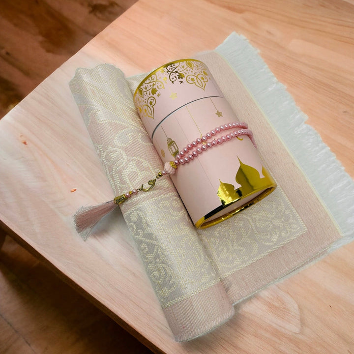 Cylinder Gift Box With Prayer mat, Tasbeeh Pink-theislamicshop.com
