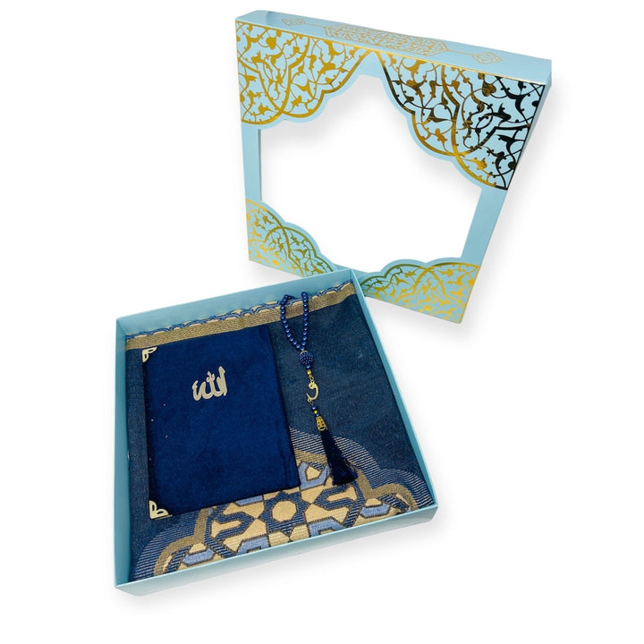 Islamic Gift set Prayer mat, Tasbeeh & Yaseen And Selected Surah Gift Box Blue-theislamicshop.com