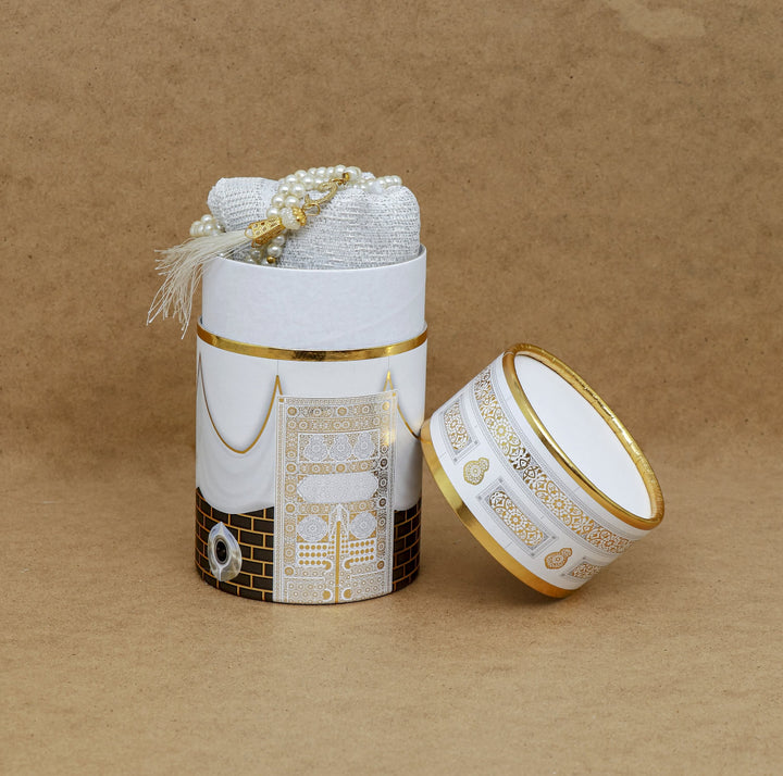 Cylinder Gift Box With Prayer mat, Tasbeeh white-theislamicshop.com