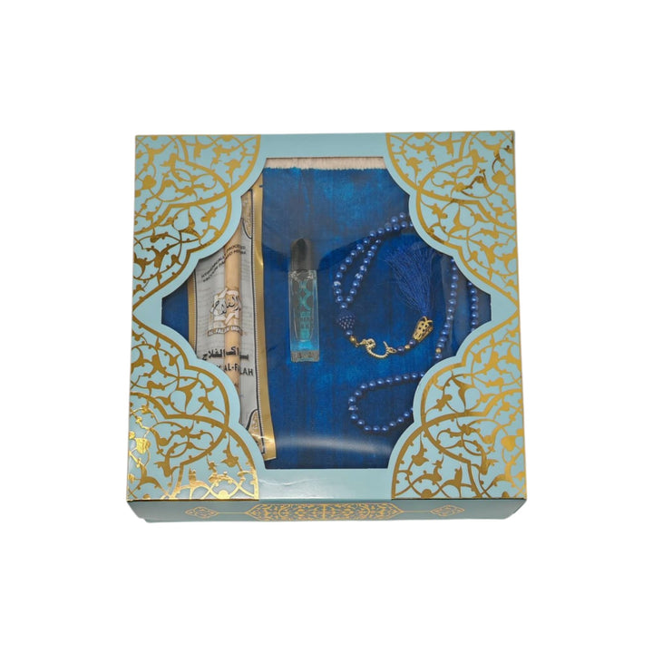 Islamic Gift set Prayer mat, Tasbeeh & Attar And Miswak Gift Box Blue-theislamicshop.com