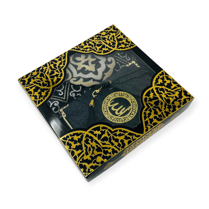 Prayer Rug Gift Box Set - With indo pak Quran & Prayer Beads Black-theislamicshop.com