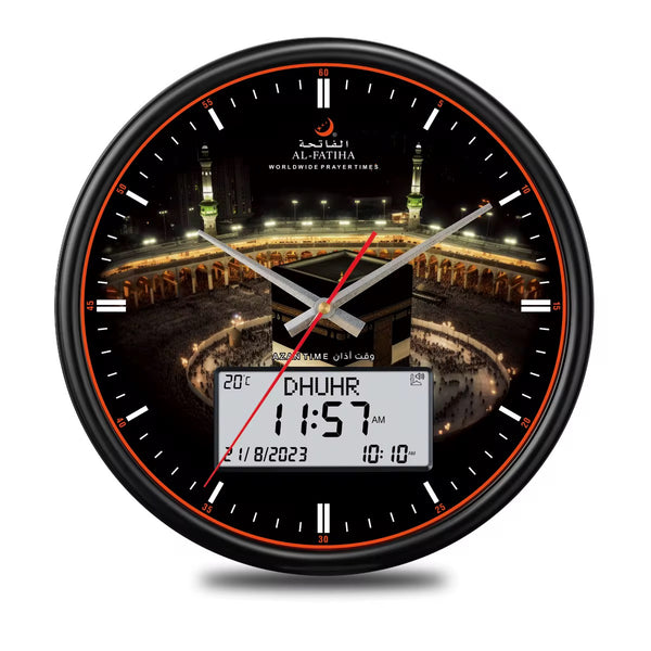 Azan Clock Large Round Wall Automatic Kaaba Muslim Azan Clock – 13" Digital Prayer Time Display with 8 Azan Sounds