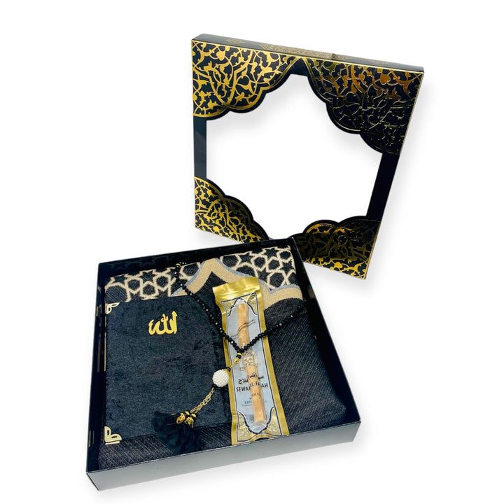 Islamic Gift set Prayer mat, Tasbeeh & Yaseen And Selected Surah Gift Box Black-theislamicshop.com