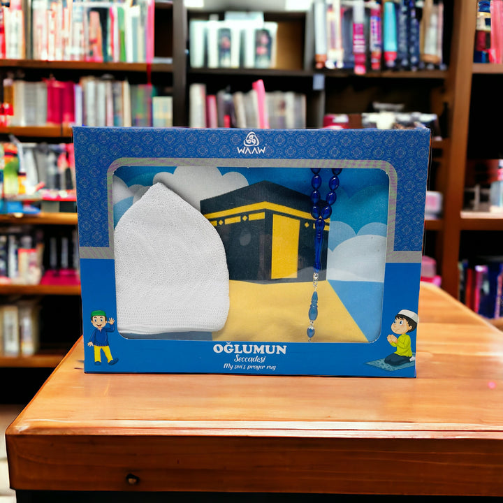 Children Gift Box With Prayer mat, Tasbeeh & Prayer Hat Blue-theislamicshop.com
