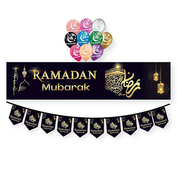 Black Ramadan Mubarak Pack 2 Banners With Balloons  Decorate And Celebrate