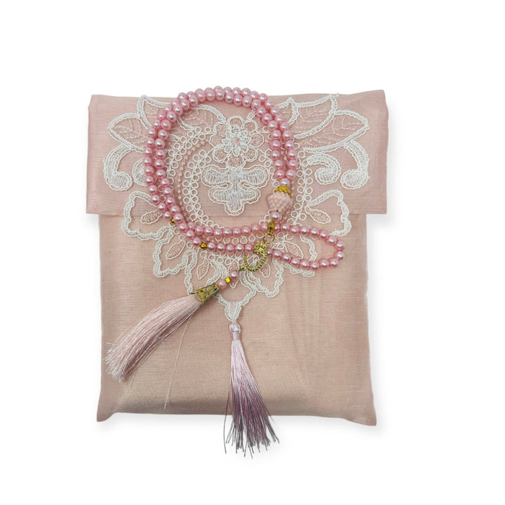 Lace Work Travel prayer mat With Tasbeeh Pink-TheIslamicshop.com