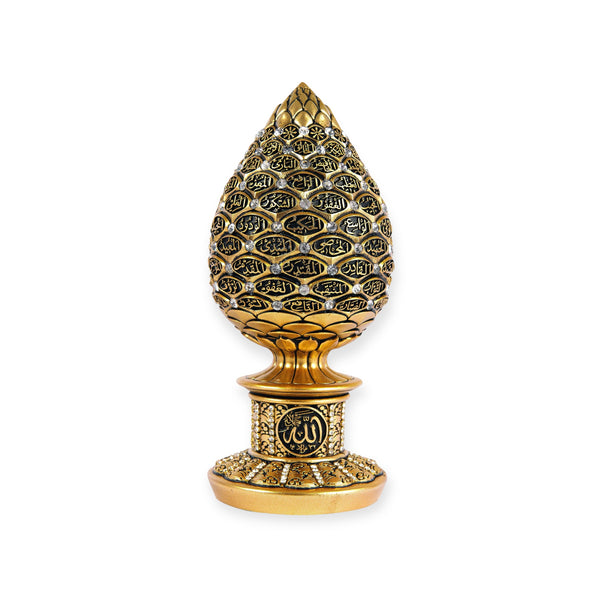 Islamic Table Decor Golden pine cone with Blue stones - 99 Names of Allah Alif collection BB-0913-1631