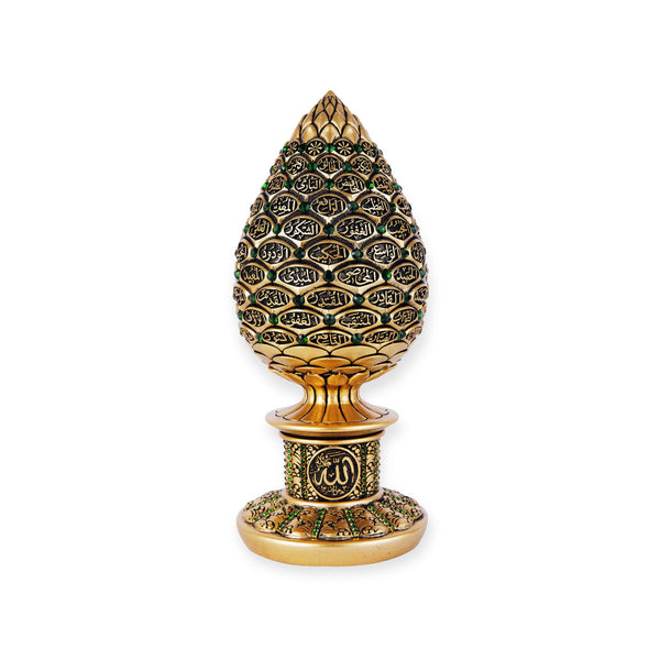 Islamic Table Decor Golden pine cone with Green stones - 99 Names of Allah Alif collection BB-0913-1634