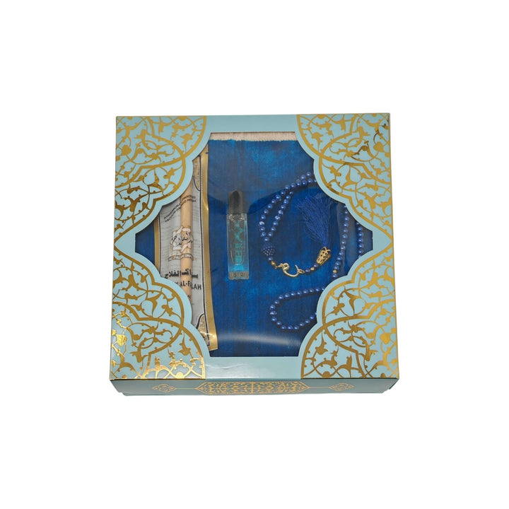 Islamic Gift set Prayer mat, Tasbeeh & Attar And Miswak Gift Box Blue-theislamicshop.com