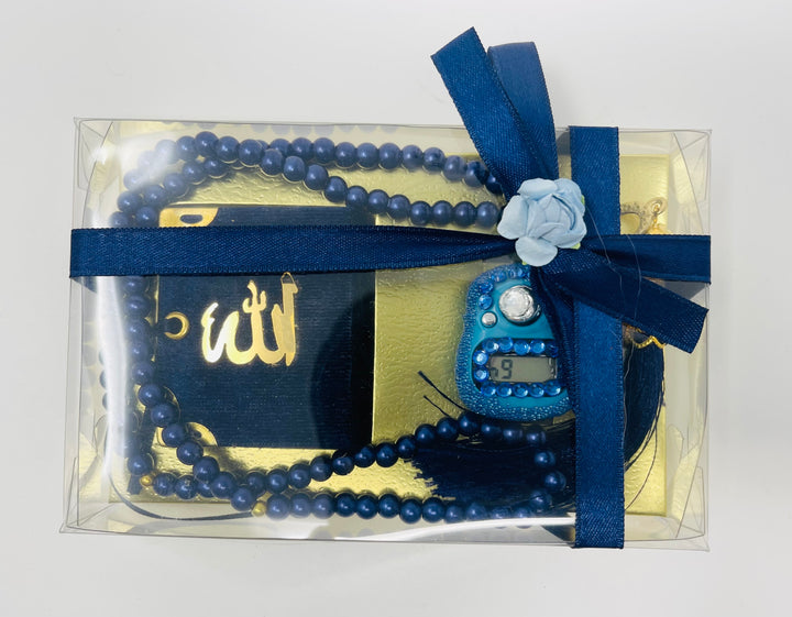 Beautiful Gift Box small Quran with Counter Tasbeeh Blue-theislamicshop.com