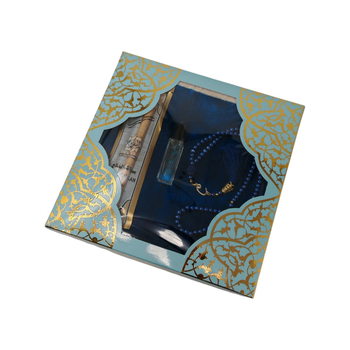 Islamic Gift set Prayer mat, Tasbeeh & Attar And Miswak Gift Box Blue-theislamicshop.com