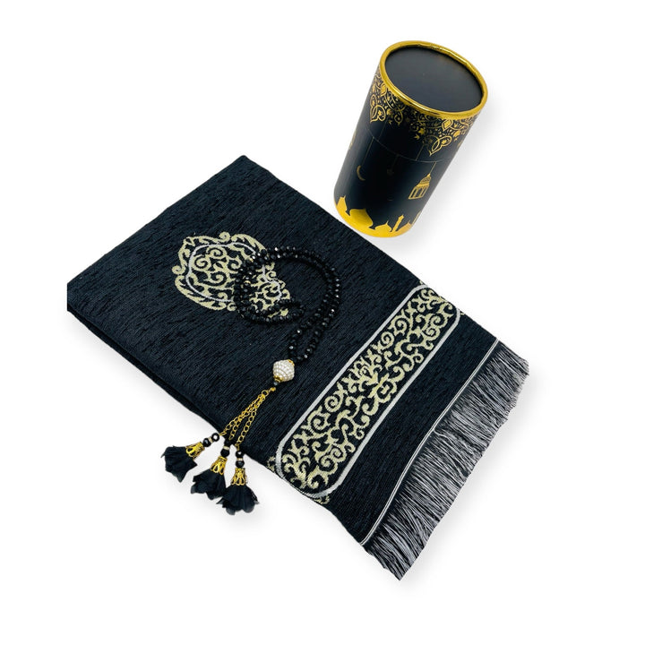 Cylinder Gift Box With Prayer mat, Tasbeeh Black-theislamicshop.com
