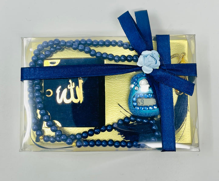 Beautiful Gift Box small Quran with Counter Tasbeeh Blue-theislamicshop.com