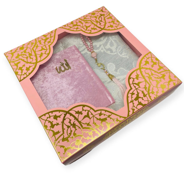 Islamic Gift set Prayer mat, Tasbeeh & Yaseen And Selected Surah Gift Box Pink-theislamicshop.com