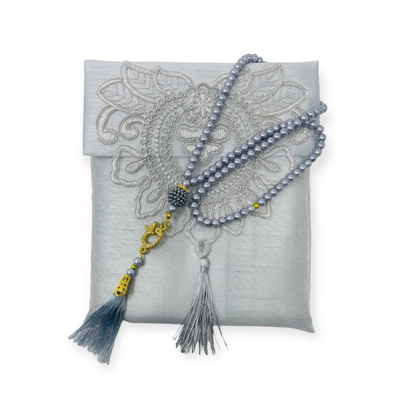 Lace Work Travel prayer mat With Tasbeeh Grey-TheIslamicshop.com