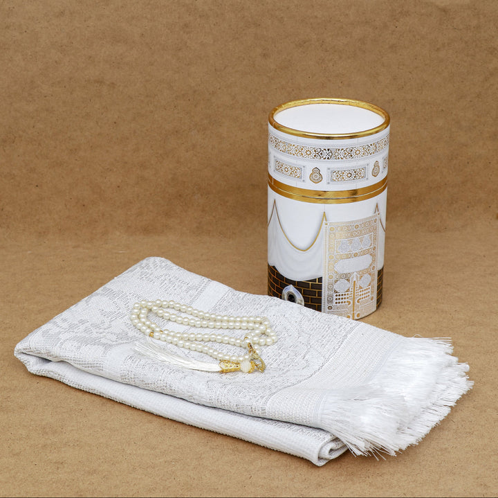 Cylinder Gift Box With Prayer mat, Tasbeeh white-theislamicshop.com