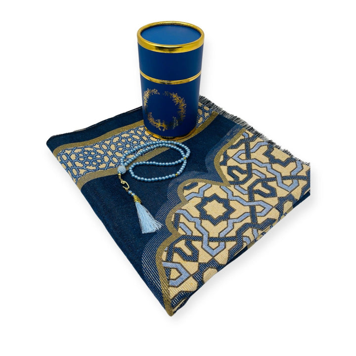 Cylinder Gift Box With Prayer mat, Tasbeeh Blue-theislamicshop.com