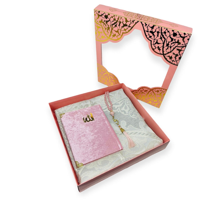 Islamic Gift set Prayer mat, Tasbeeh & Yaseen And Selected Surah Gift Box Pink-theislamicshop.com