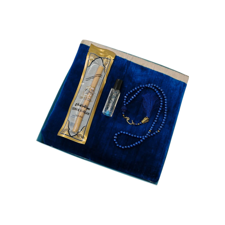 Islamic Gift set Prayer mat, Tasbeeh & Attar And Miswak Gift Box Blue-theislamicshop.com