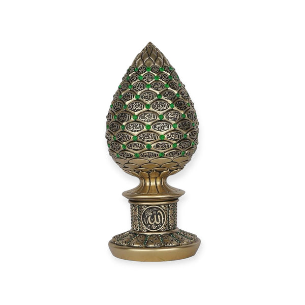 Islamic Table Decor Golden pine cone with green stones - 99 Names of Allah Alif collection