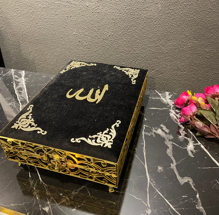Velvet Wooden Box Quran, Quran Sets, Quran Arabic, Quran Islamic Gift Black-theislamicshop.com