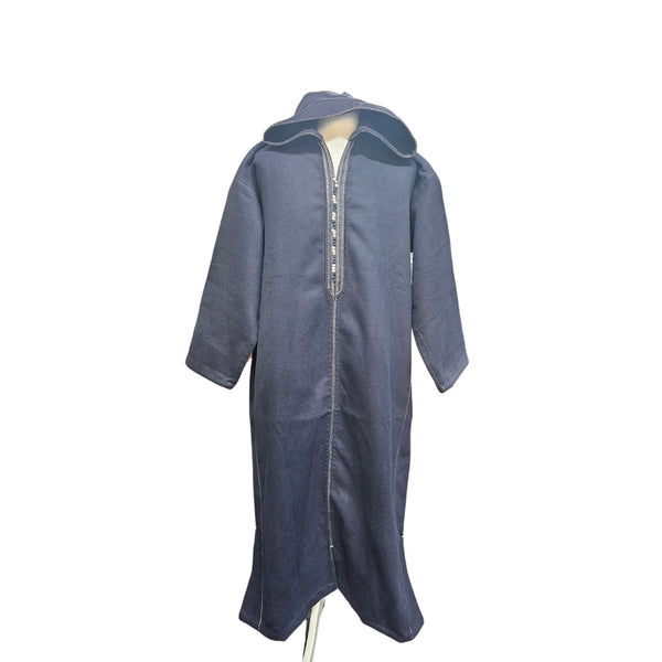 Winter Moroccan Zip Hooded Thoub - Cashmere Wool Blend, Dark Grey Jubba Thobe Djellaba navy-Theislamicshop.com
