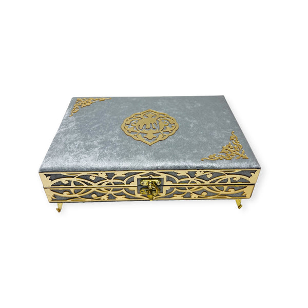 Velvet Wooden Box Quran, Indo Pak 15 line Quran With Tasbeeh Grey-theislamicshop.com