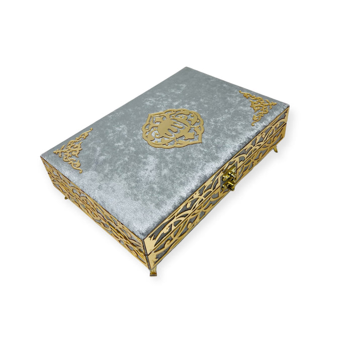 Velvet Wooden Box Quran, Indo Pak 15 line Quran With Tasbeeh Grey-theislamicshop.com