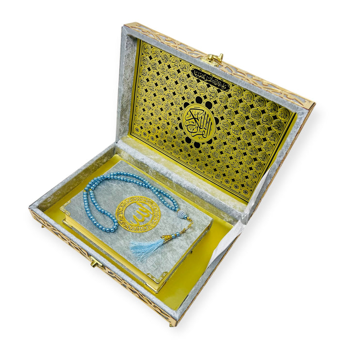 Velvet Wooden Box Quran, Indo Pak 15 line Quran With Tasbeeh Grey-theislamicshop.com