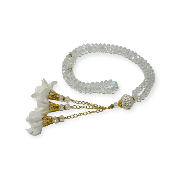 White Crystal tasbih with rose tassels 
