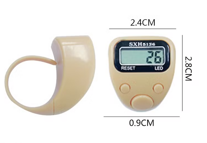 Close-up of electronic prayer ring counter button and display