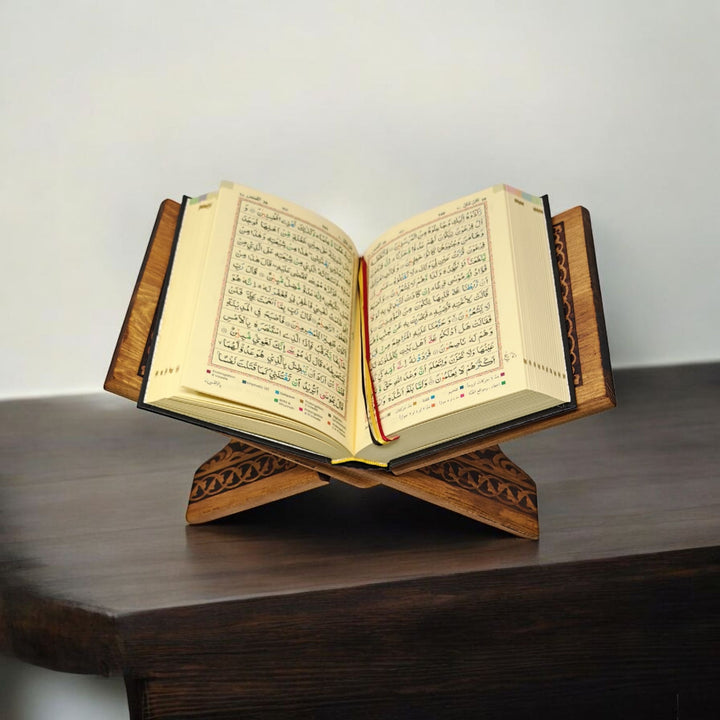 Colour-Coded Tajweed Quran 13-Line Indo-Pak Script – open on wooden reading stand showing colour-coded text