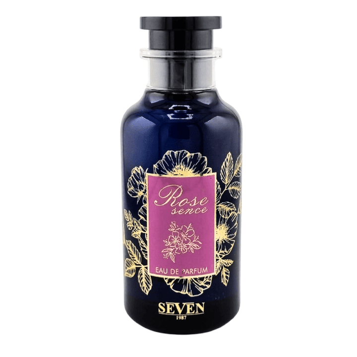 Close-up of Rose Sence Eau De Parfum bottle, elegant floral design by Seven 1987