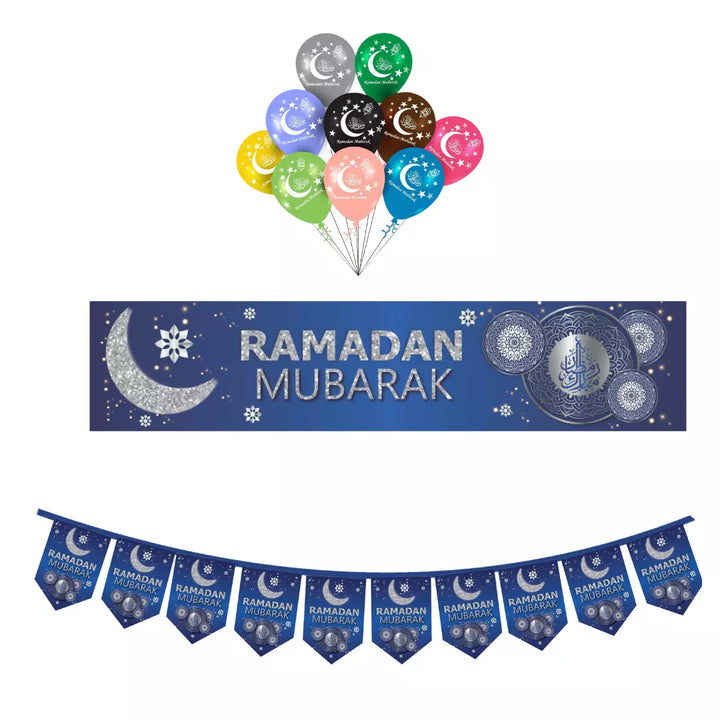 Blue & Silver Bumper Ramadan Mubarak Banners Bunting Balloons Decorate Balloon-theislamicshop.com