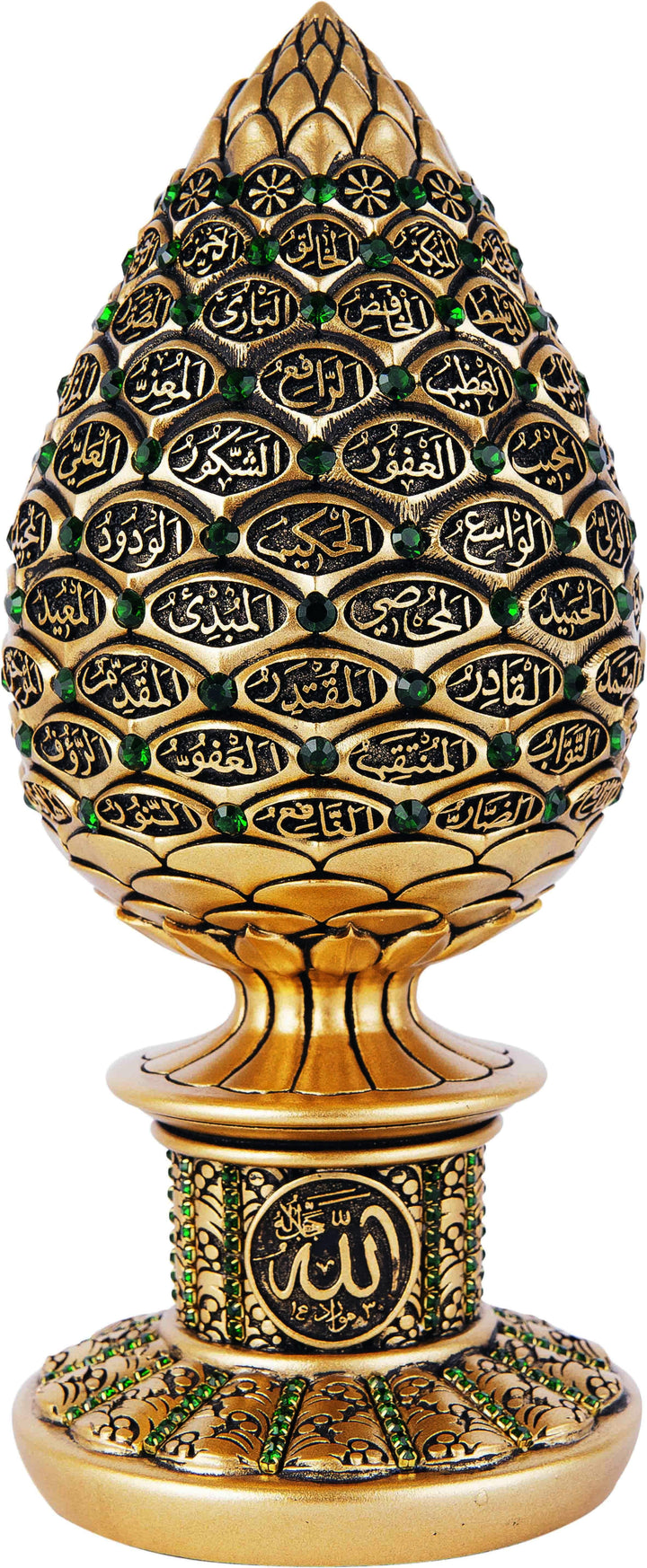 Islamic Table Decor Golden pine cone with Green stones - 99 Names of Allah Alif collection BB-0913-1634-theislamicshop.com