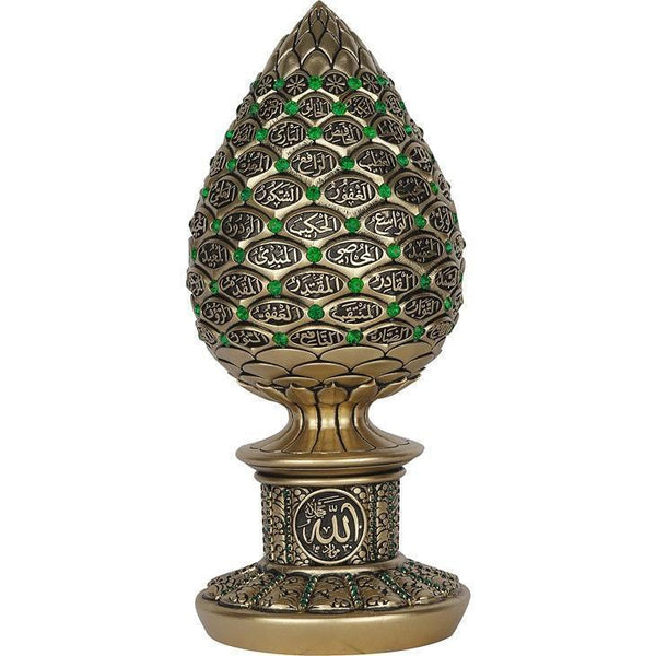 Islamic Table Decor Golden pine cone with green stones - 99 Names of Allah Alif collection - The Islamic Shop