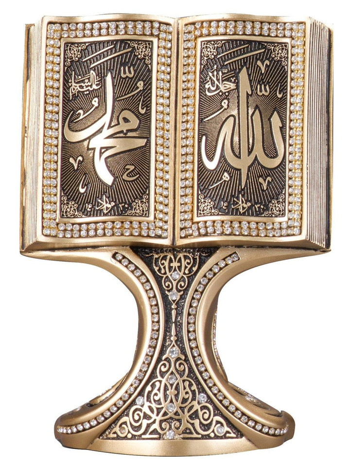 Islamic Table Decor Quran Open Book with Allah & Muhammad Gold/Silver/Pearl (Medium)-theislamicshop.com