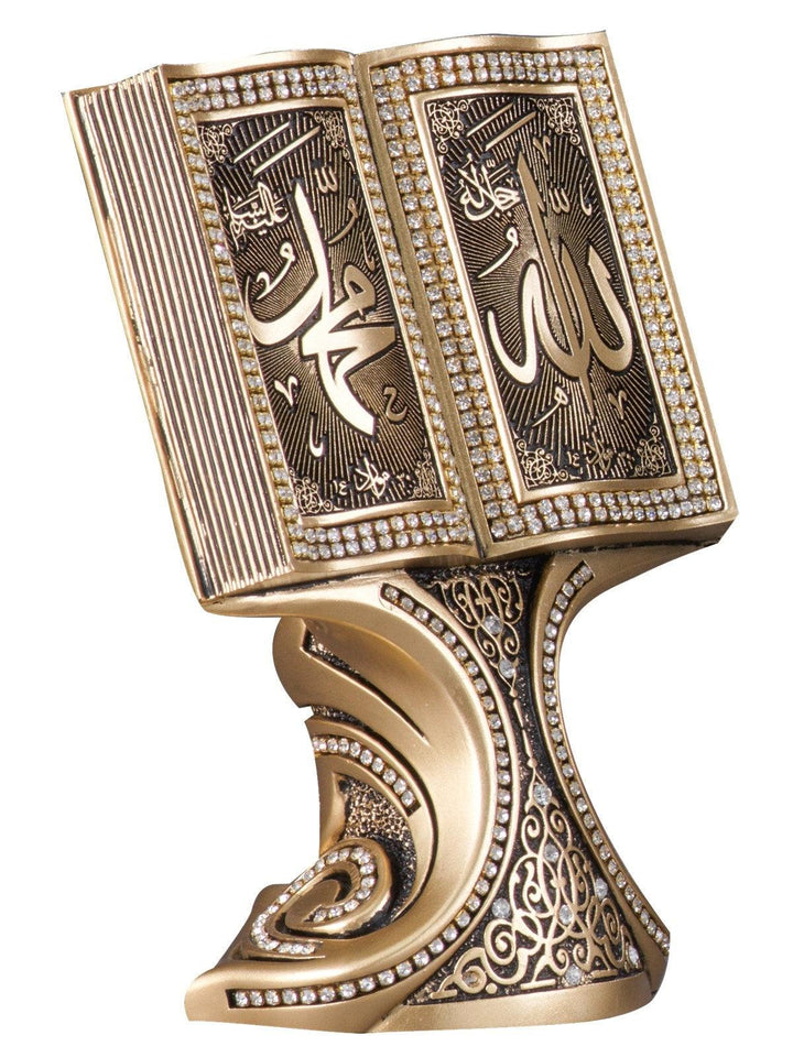 Islamic Table Decor Quran Open Book with Allah & Muhammad Gold/Silver/Pearl (Medium)-theislamicshop.com